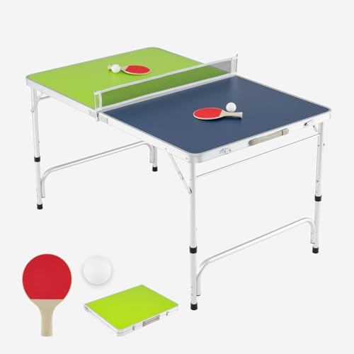 FANTASK Mini tavolo pieghevole da ping pong regolabile in altezza con rete, racchette e palline, 120 x 76 cm, resistente alle intemperie, tavolo da ping pong per interni ed esterni