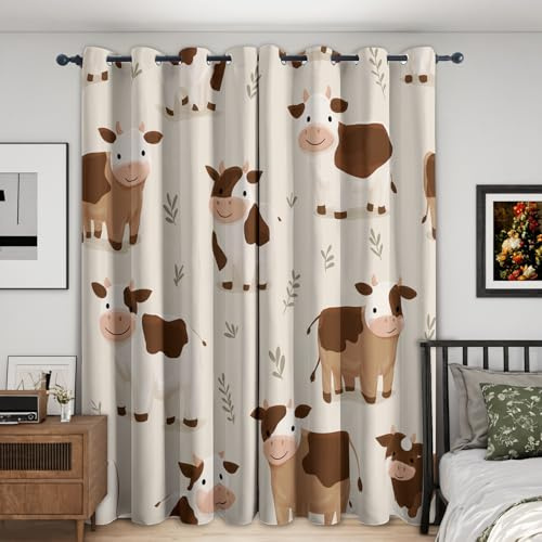 Generisch Kuh Vorhänge Blickdicht Gardinen mit Ösen, Kinder Süß Cartoon Tier Deko Muster Wohnzimmer Schlafzimmer Fenster Verdunklungsvorhänge, H 166 x B 75 cm 2er Set (G-222)