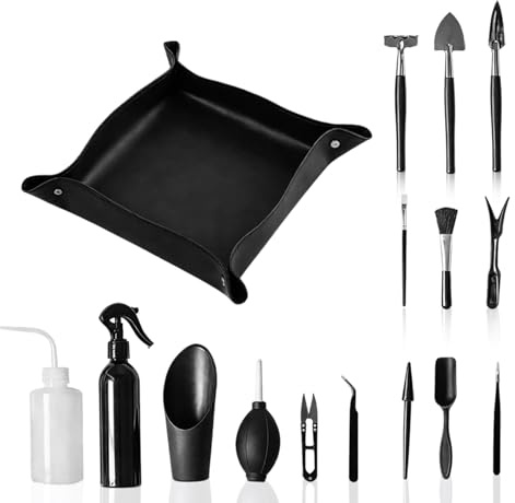 16-teiliges Bonsai Werkzeug Set, Sukkulenten & Pflanzenzubehör | Inkl. Umtopfmatte & Setzlingsheber, Mini Gartenwerkzeug Set für Umtopfen, Schneiden & Pflegen, Kompakt & Robust (Schwarz)