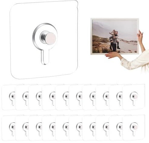 Holtrae 20 Pezzi Ganci Adesivi per Quadri Senza Foratura Trasparenti Antitraccia Autoadesive Gancio da Parete Impermeabile per Quadri Foto Poster Orologio Cucina Bagno Ripostiglio