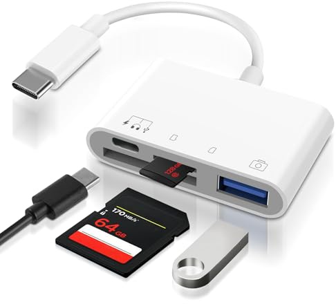 4-in-1 SD Kartenleser USB-C, Adapter SD Karte mit USB-C Ladeanschluss + USB-A + SD + MicroSD, High-Speed USB 3.0 Datenübertragung für iPad, MacBook, Samsung Galaxy, Plug & Play