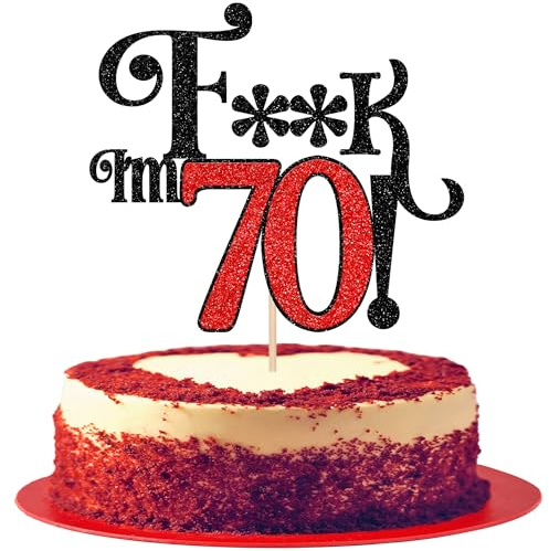 SYKYCTCY 1 Pack Happy 70th Birthday Cake Topper Glitter Hello 70 Cherrs to 70 Cake Pick Fifty I'm 70 Funny 70 Cake Decorations for Men Women 70th Birthday Anniversary Party Supplies Black Red
