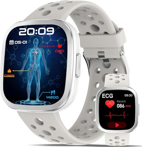 YYKY 2026 Neue Smartwatch EKG/HRV/BMI/Harnsäure/Apnoe-Monitor,Gesundheitsuhr 1.72 Smart Watch Schlaf/SPO₂,24H blυtdrυckmessυng/Herzfrequenz Bluetooth-Anrufe SOS-Ruf SMS-Erinnerungen (Silber)