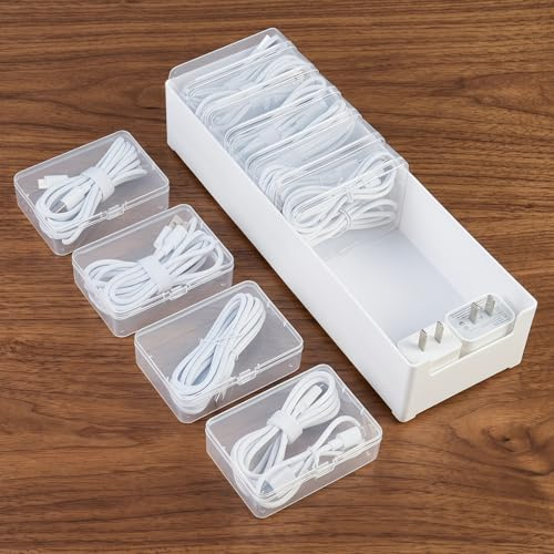 aceyoon Caja de Almacenamiento de Cables, Material de Polipropileno, 10 Compartimentos, Color Blanco, Organizador de Cables con diseño de Concha para Oficina, hogar, Cables y Cargadores, Cajas de