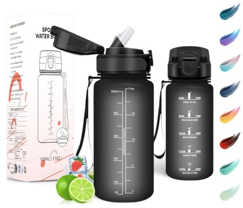 Motswedi Gourde Sport 500ml, avec Paille, Bouteille d'eau, Anti-fuite, Bouteille Plastique, Gourde Graduée, Reutilisable, pour Bureau, Sports, École, Noir