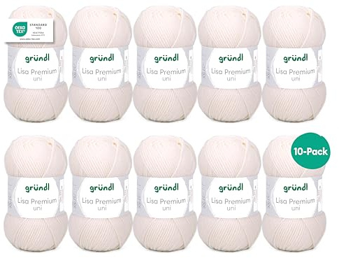 Gründl Laine Lisa Premium uni - Fil pour tricoter - Fil à tricoter - Fil à crocheter - Doux et agréable pour la peau - 100% polyacrylique 10 pelotes 50 g / 133 m - Taille d’aiguille 3,5-4,5 - Beige