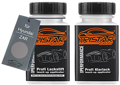 TRISTARcolor Autolack Lackstift für Hyundai ZAR Steel Grey II Metallic +1K | Set aus Basislack + Klarlack, Lackfläschchen mit Pinsel, je 50ml
