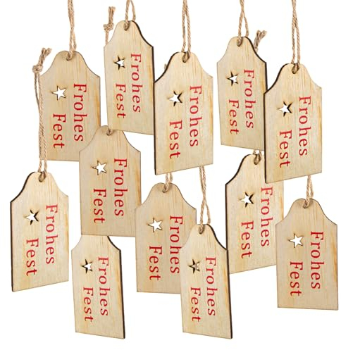 Logbuch-Verlag 12 Geschenkanhänger Frohes Fest aus Holz Natur rot - weihnachtliche Paketanhänger mit Schnur give-Away Weihnachten Verzierung