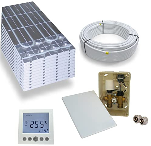 Warmwasser Trockenestrich Fußbodenheizung HoWaTech DRY Komplett Set 5/10m² Dämmplatte 30mm EPS WLG 035 DEO und E-Regelbox Digital Thermostat, Heizfläche:5.00m²