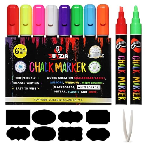 BUYZIA Liquid Chalk Pens for Blackboards, Windows & Glass, 6mm Reversible Tip Neon Color Chalk Markers for Non Porous Surfaces, Wipeable Chalkboard Pens (8 Pack)