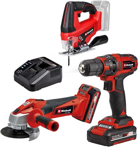 Einhell Maschinen-Set TC-TK 18 Li Kit Power X-Change (Bohrschrauber TC-CD 18/35 Li + Winkelschleifer TC-AG 18/115 Li, inkl. 1,5 Ah und 3,0 Ah Akku) + Einhell Akku-Stichsäge TC-JS 18 Li-Solo
