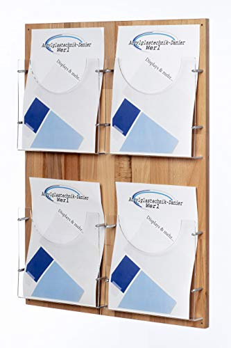 Acrylglastechnik Danier NEU!! 4-Fach DIN A4 Wand Prospekthalter mit Rückwand aus Buche Ladenausstattung