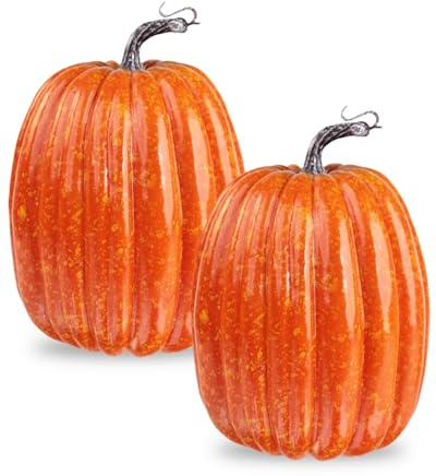 vensovo 2PCS 8 Inch Orange Plastic Pumpkins for Decorating - Large Artificial Foam Pumpkins for Fall Decor, Halloween, Thanksgiving, Paintable for DIY Crafts & Centerpieces