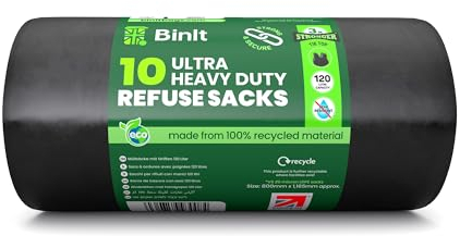 BIN IT 10 Tie Top, Ultra Heavy Duty, 120 Litre XL Refuse Sacks, Bin Bags, Bin Liners, 80kg Lift Tested, Super Strong, 60 μm, Perfect for Household, Office, Garden, Commercial, DIY, Caterers, Builders
