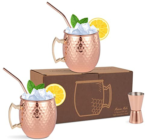 Moscow Mule Becher 2er Set – gehämmerte Moscow Mule Tassen Trinkbecher Edelstahlfutter mit 2 Strohhalmen – 1 Messbecher – tolles Geschenkset für Esszimmer Unterhaltung Bar (BecherSet mit 2