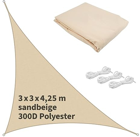 TTL GARDEN 3x3x4,25m Sonnensegel Dreieck rechtwinklig Sand-beige 160g/m² | - Premium Polyester 300D 93% Abschattung - Sonnenschutz & Wetterschutz für Garten, Balkon & Terrasse, mit 3X Schnur 1,5m