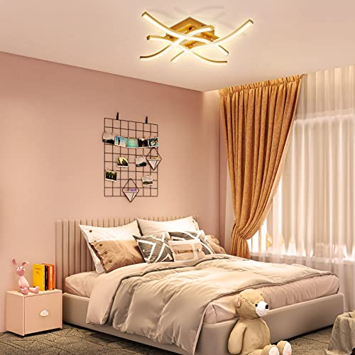 ALLOMN LED-Deckenleuchte, Elegantes Geschwungenes Deckenleuchten 4 Eingebaute LED-Platinen 24W 1800 Lumen Moderne LED-Deckenleuchte Deckenleuchte für Wohnzimmer Schlafzimmer Küche(Gold-Warmweiß)