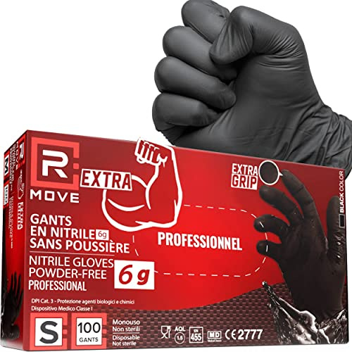 R MOVE 100 guanti monouso in nitrile neri taglia S, EXTRA RESISTENTI +60% di spessore in più al dito rispetto al 3,5 gr, no polvere, no lattice per meccanici, tatuatori, ristorazione, 6 grammi (S)