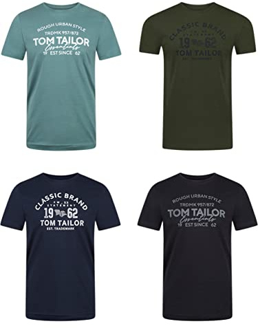 TOM TAILOR Camiseta para hombre, paquete de 4 unidades, cuello redondo, manga corta, corte regular, estampado de verano, 100 % algodón, Woodland Green (10373), M