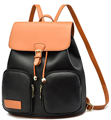 NICOLE & DORIS Sacs à Main Portés Dos Femme Mode Sac à Dos Antivol en Cuir PU Sac a Dos Feminin Elegant Casual Daypacks Sac D'école Sac à Dos à Rabat Noir avec Marron