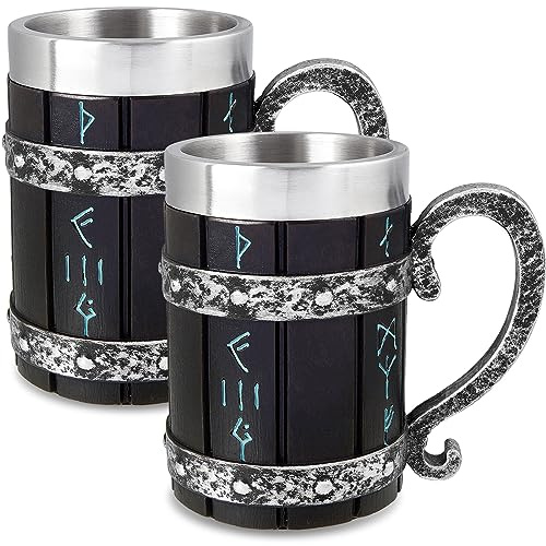 Tioncy 2 Pcs Nordic Rune Mug Tankard Stainless Steel Resin 3D Norse Decoration Gothic Coffee Beer Stein Mug Cool Novelty Cup Poetic Gifts for Men Drinking Party Decorations, 18 oz(Viking Style,Black)