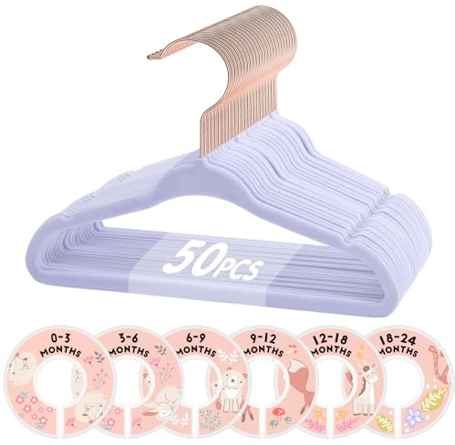 VIS'V Baby-Kleiderbügel, 27,9 cm, Lavendel-Samt, Kinder-Kleiderbügel mit 6 Trennwänden, rutschfest, für Kinderzimmer, Kleinkinder, Mädchen und Jungen, 50 Stück