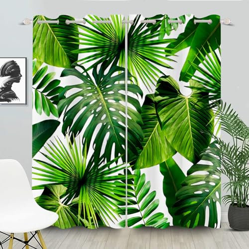 FABTOP Gardinen Blickdichter Grüne Palmblätter, Tropische Blätter Vorhänge Grüne Palmblatt Ösen Gardinen, Grüne Tropische Pflanze Muster Monstera Vorhänge (5,150×166BxH (75×166cm×2))