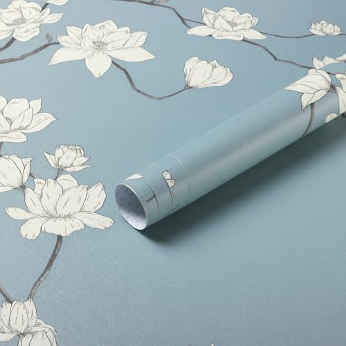 Fiula Self Adhesive Wallpaper Floral Peel and Stick Wallpaper 44CMx3M Vinyl Wrap Flower Sticky Back Plastic Waterproof for Wall Furniture Sticker Blue-Grey Bedroom Pastoral Style Contact Paper