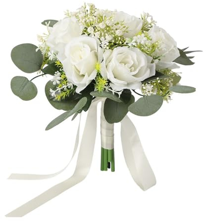 CYYZB Künstlicher Eukalyptus- und Weißer Rosenstrauß, Künstliche Weiße Seidenrosen für die Hochzeit, Brautstrauß, Blumenarrangements, Dekorationen für Wohnzimmer, Zuhause und Hochzeitstischaufsätze