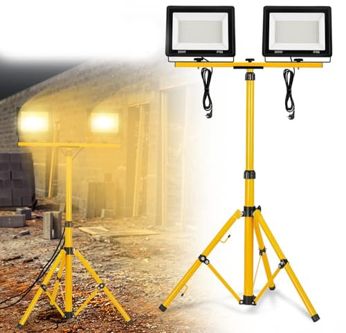 FIVMEN Baustrahler 2x200W 16000LM LED Strahler Arbeitsleuchte mit Stativ und 3m Kabel Stecker Baulampe Flutlicht Wasserdicht IP66 für Garage Werkstatt Baustelle, Warmweiß