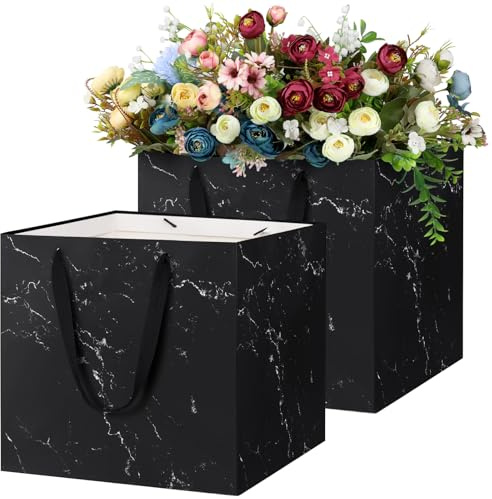 LVNRIDS 2 Stück Geschenktüte Groß, Quadratische Marmor Geschenktüten Papiertüten, 30x30x30cm Geschenk Tüten für Hochzeit Brautjungfer Abschlussfeier Geburtstag Weihnachten Schwarz