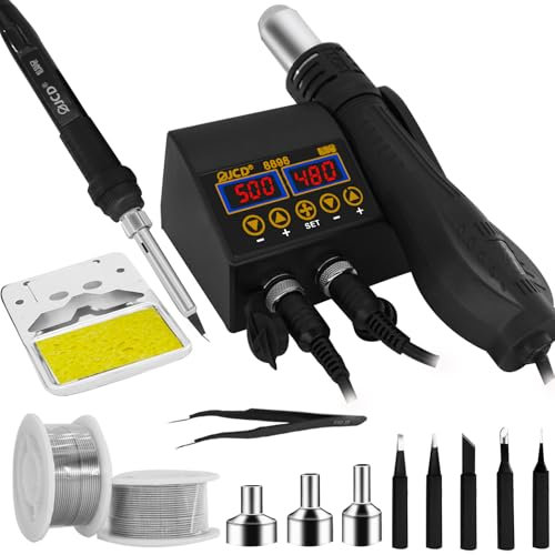 2 IN1 Lötstation mit 750W heißluftpistole und 80W lötkolben,Alle mit LCD-Bildschirm,100-500° einstellbare Temperatur.Lötkolben set mit 5 Lötspitzen,3 Heißluftpistole Düsen,2 Lötzinn Bleifrei,Pinzette