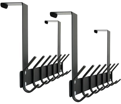 HONSKY Foldable Over Door Hook,Over The Door Hanger/Towel Rack,7 Double Iron Hooks for Entry & Room Door,Hanging Coat,Towel,Black (2 Pack