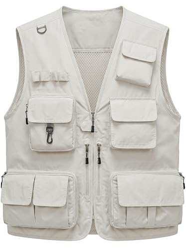TWENPHYO Mens Lightweight Safari Travel Fishing Photography Outdoor Work Cargo Vest with Pockets(White,M)