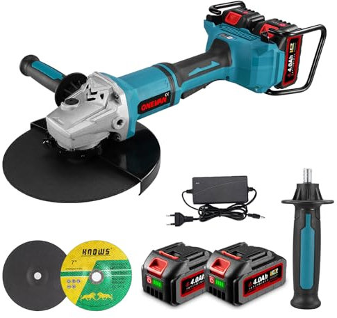 ONEVAN smerigliatrice a batteria, 40V smerigliatrice angolare Brushless con 2 batterie da 4,0Ah e caricabatterie rapido, disco Ø 180mm, smerigliatrice angolare senza fili incl. disco da 180mm e 230mm