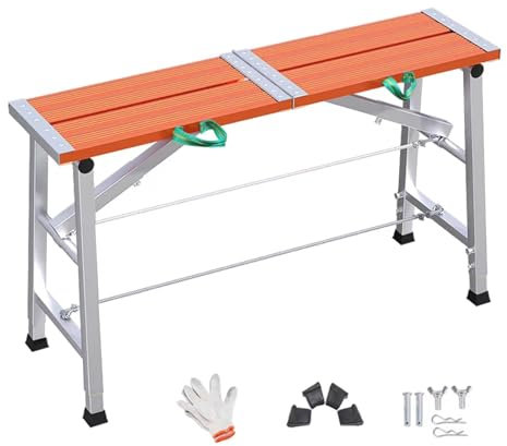 Andamio de aluminio ajustable resistente con estabilizadores galvanizados de 70.8 pulgadas de largo, plegable, color naranja, 59 x 10.6 pulgadas