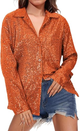 Oyuchga Glitterblus damer, stora storlekar, , långärmad skjorta, ledig ledig ledig lös V-ringning, långärmad skjorta, paljetter, skjorta, elegant, festlig, långtröja, toppar med knappar, En orange