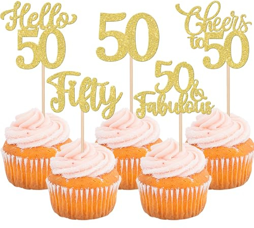 Xsstarmi 30 Pack Happy 50th Birthday Cupcake Toppers Gold Glitter Hello 50 Fabulous Fifty Birthday Cupcake Picks Cheers to 50 Years Cake Decorations for Happy 50th Birthday Party Supplies