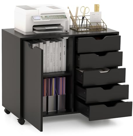 KOMFOTTEU Aktenschrank mit Rollen, Rollcontainer mit 5 Schubladen, Schubladenschrank Bürocontainer Druckertisch Holz, Bürowagen Bürocontainer weiß, 79x39x65 cm (Schwarz)