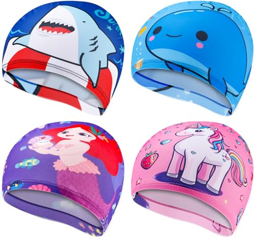 Enjamyo 4 Pcs Kids Swim Caps Fabric Mermaid Unicorn | Fabric Swimming Cap Toddler Swim Caps Comfortable Bathing Cap, for Toddler Boys Girls Long Hair