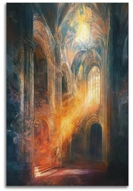 YCGYMX Wunderschönes beleuchtetes Kathedralen-Interieur mit majestätischen Bögen und strahlendem Licht, Kunstposter, Leinwand, Wandkunst, abstrakt, modern, Wandbild, dekoratives Gemälde, zum Aufhängen