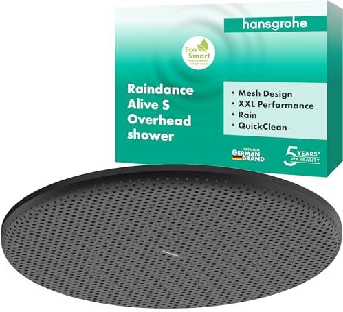 hansgrohe Raindance Alive S - wassersparende Kopfbrause (EcoSmart), Duschbrause (300 mm), Regendusche mit 1 Strahlart für Wand-/Deckenmontage, Brausekopf mit Antikalk-Funktion, Mattschwarz, 24521670