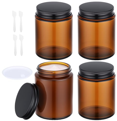 Segbeauty Pot de Crème en Verre Ambre, 4 Pièces 150g Contenant Cosmetique Vide, Protection UV, avec Spatule et Couvercle, pour Creme (Brun)