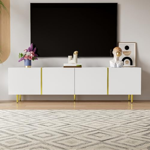 PUGSDRLY Meuble TV Bas avec 4 Portes,Meuble TV avec Rangement,Design élégant et Moderne,Surface très Brillante,Pieds dorés,170x35x46cm (Blanc)
