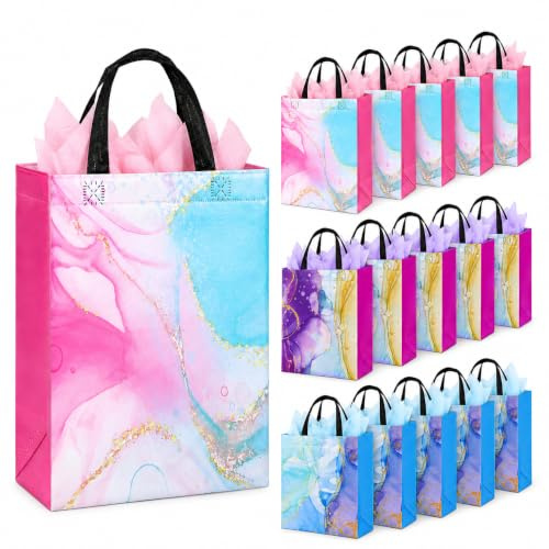 JOYELL 18 Stück wiederverwendbare Geschenktüten mit Griffen & Seidenpapier, stabile Geschenktaschen 26 x 20 x 10 cm, Geschenkbeutel Marmor, Partytüten für Geburtstag, Hochzeit, Babyparty, Mitgebsel