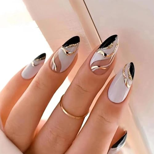 24PCS Elegant French Tip Press on Nails for Women, Medium Oval Almond Shape, Stunning Black White Gold Wavy Design, Full Cover Glossy Fake Nails with Accessory Tools, 12 Sizes