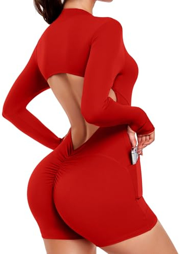 STARBILD Damen Sport Jumpsuit Kurz mit Reißverschluss Front, Langarm Overalls Rückenfreie Push Up mit Taschen, Fitness Shorts Einteiler Scrunch Butt, für Workout Yoga Gym Laufen