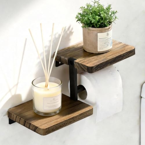 YIGII Toilettenpapierhalter ohne Bohren mit Ablage & Tücherbox, Holz | Aus Paulownia-Holz, selbstklebend oder verschraubbar. Für Fliesen, Glas, glatte Oberflächen. Box für Feuchttücher inklusive