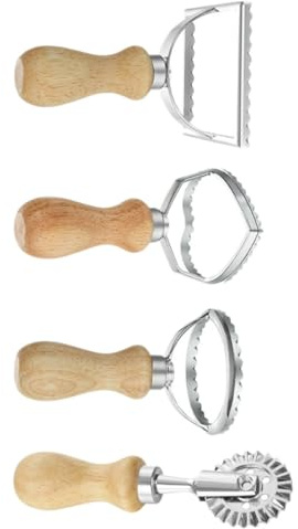 Veemoon Lot 4 Emporte-Pièces Alliage Manche Bois pour Raviolis Biscuits et Pâtes – Formes Ronde Carrée Cœur et Rouleau – Outil Pâtisserie Résistant Coupe-Raviolis Pratique Cuisine