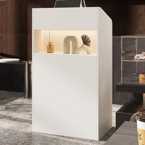 PREMTURE Empfangstheke mit LED-Beleuchtung und Ausstellungsregal, Kassentisch mit 2 Ablagefächern, Kleiner Empfangstresen für Büro, Laden, Salon, 59 x 39 x 109 cm, weiß